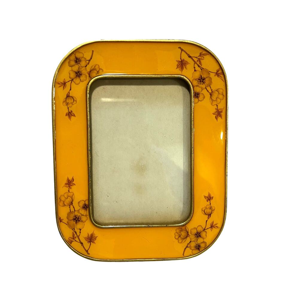 Buckler’s style brass & enamel photo picture standing frame 3"x 4" yellow floral